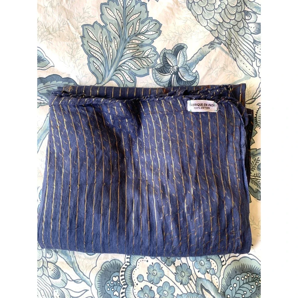 Navy Blue 100% Cotton Scarf Gold Elephant Print 44x68 Sheer Boho Wrap
